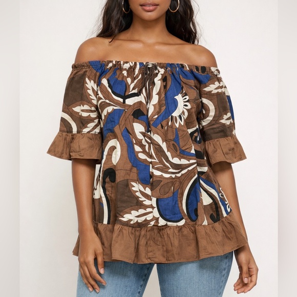 Terzo Millennio Tops - Terzo Millennio Made in Italy 100% Cotton Ruffle Brown and Blue Off-Shoulder Top